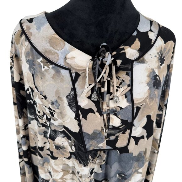 Susan Graver Womens Floral Liquid Knit Tunic Lace Up Size 2X Stretch Loose Fit - Picture 1 of 7